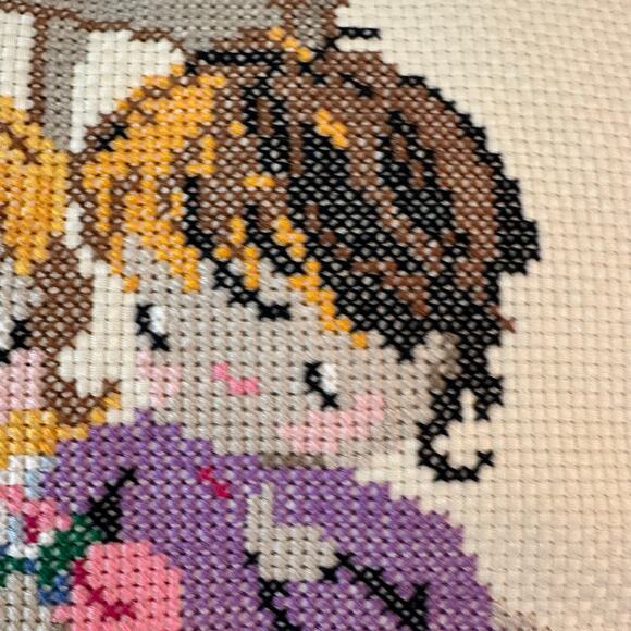 Vintage Needlepoint Pillow Children on a Rocking Chair Ruffle Trim Handmade 80s - Picture 4 of 9